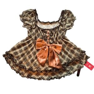 ROMWE Plaid Mesh Babydoll Top Brown Tan Satin Bow Ruffle Coquette Small‎ NEW